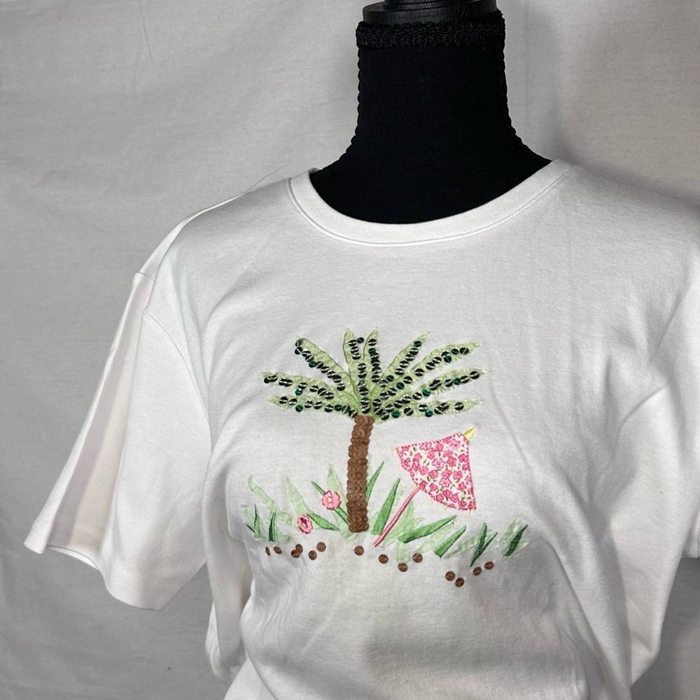 Y2K Talbots Sequin Palm Tree Tee - Picture 3 of 7
